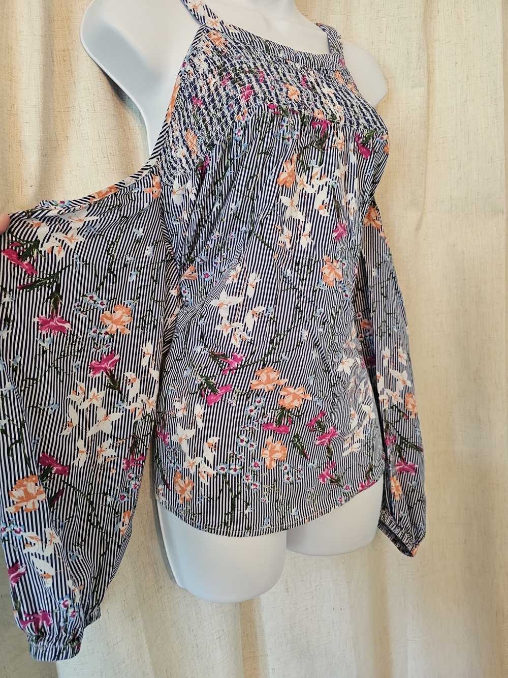 Maurices Navy Stripe Floral Cold-Shoulder Blouse